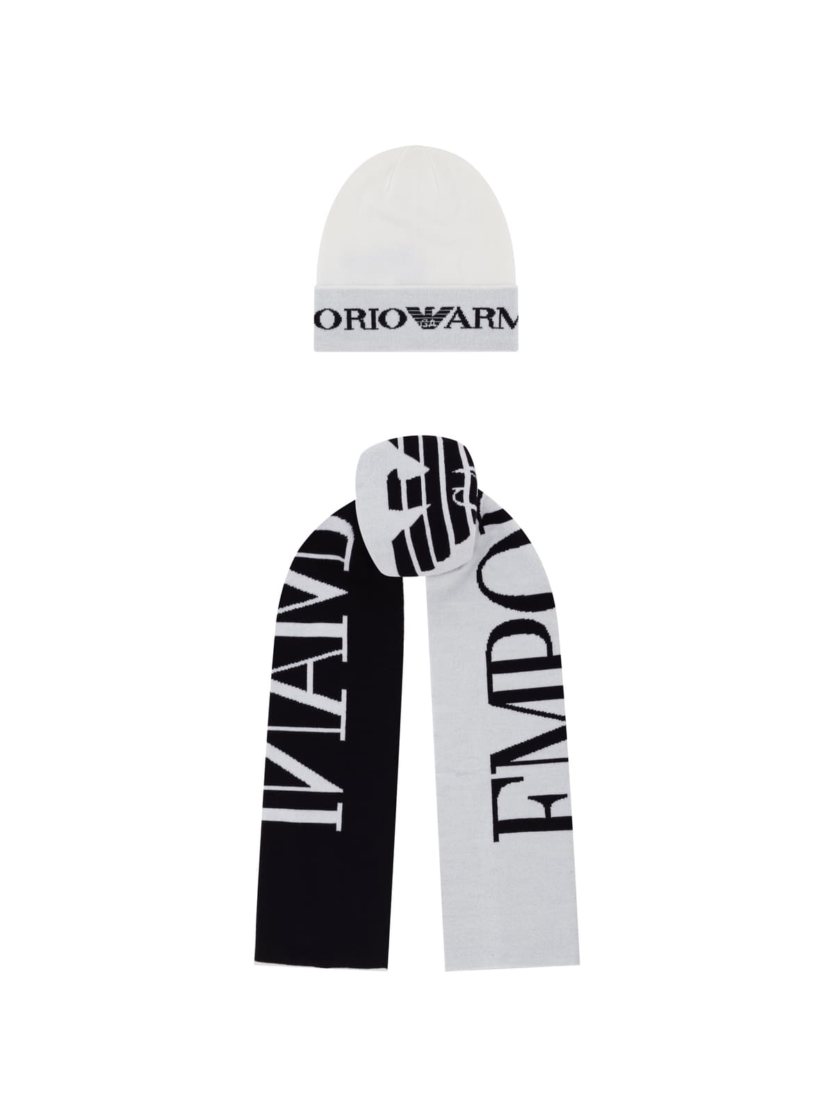 Emporio Armani Kids Knitted White Hat and Scarf Set with Intarsia Logo