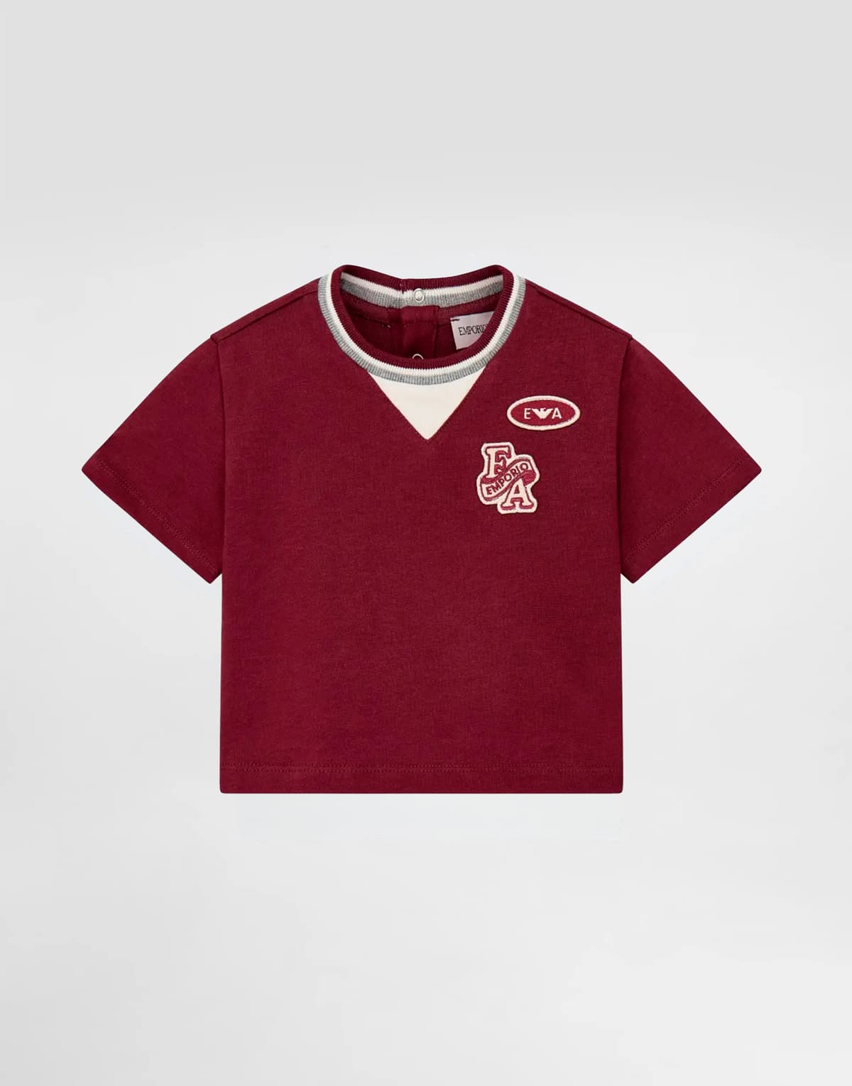Emporio Armani Dziecięcy T-shirt z ciężkiego jerseyu z haftowanymi naszywkami i wstawką V