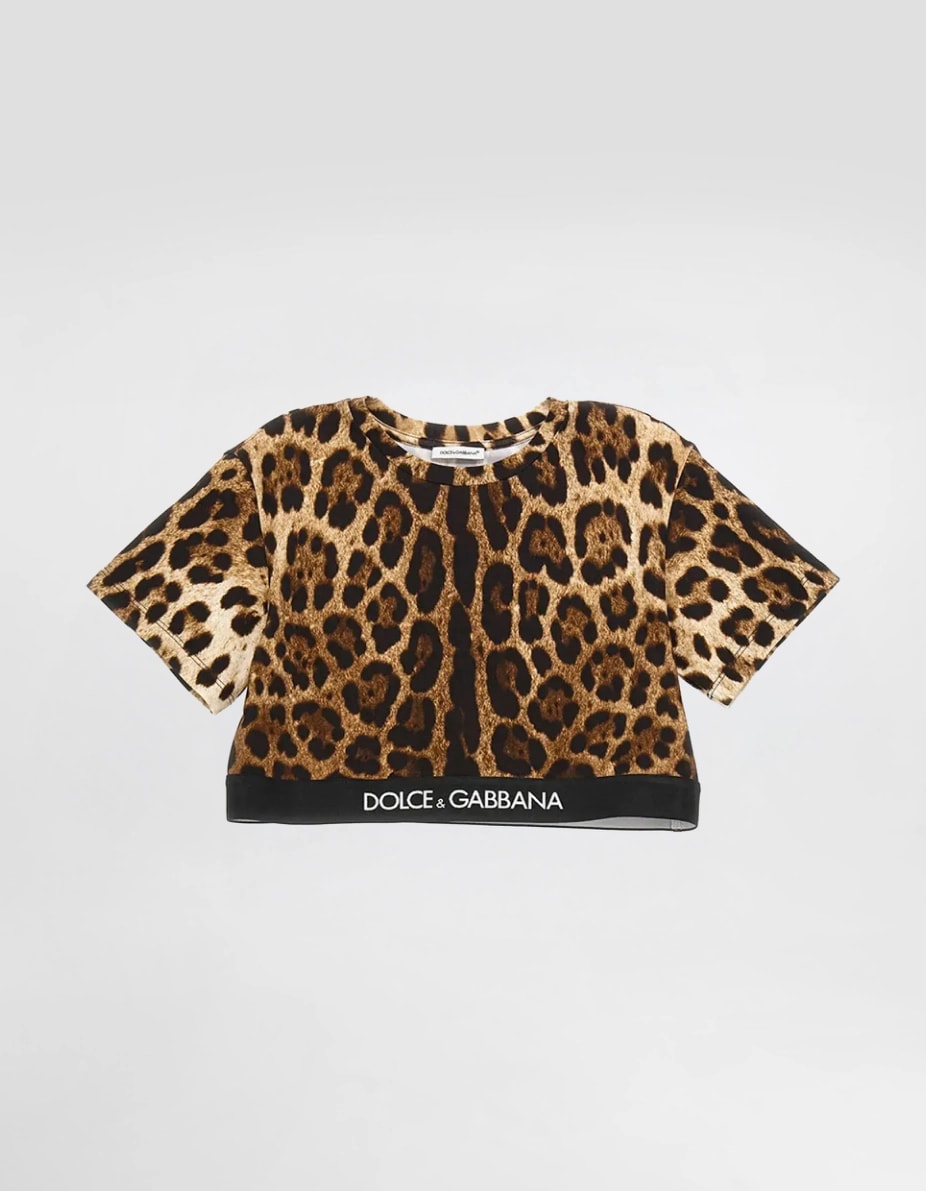 Dolce & Gabbana Kids Ddziecięcy T-shirt z nadrukiem leoparda z taśmą żakardową z logo